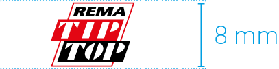 Logo von REMA TIP TOP mit Maßangabe von 8 mm