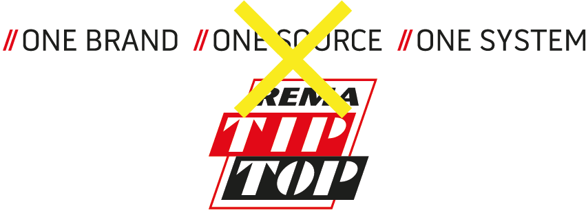 Logo of Remia Tip Top with crossed out slogans