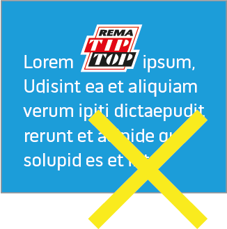 An advertisement featuring REMA TIP TOP with text and a yellow cross over it