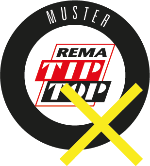 Logo von REMA TIP TOP mit dem Wort Muster und einem gelben Kreuz
