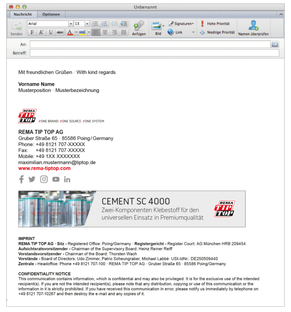 Screenshot einer E-Mail-Vorlage mit Kontaktdaten und Unternehmenslogo