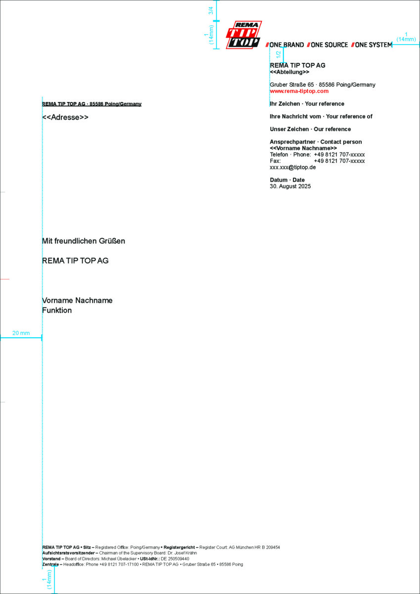 Briefkopf von REMA TIP TOP AG mit Kontaktdaten und Datum.
