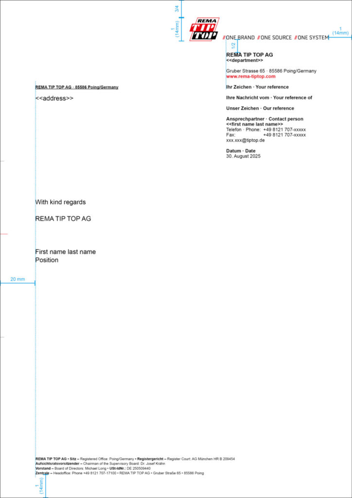 Briefkopf von REMA TIP TOP AG mit Kontaktdaten und Datum.