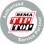 Logo of REMA TIP TOP showing Authorized Service Partner
