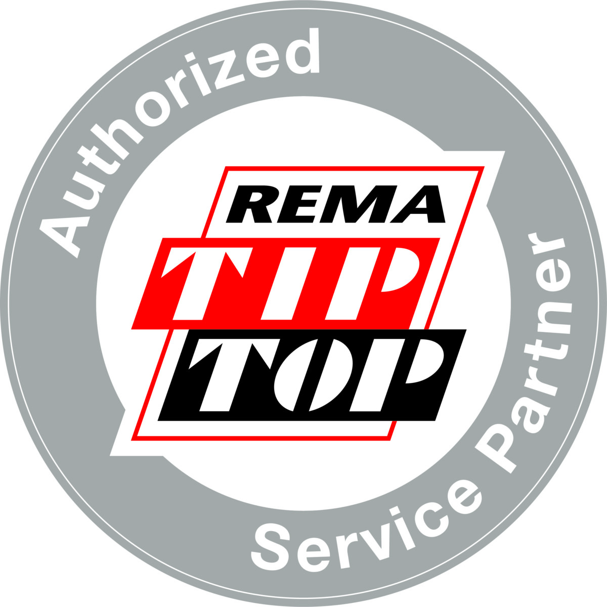 Logo of REMA TIP TOP showing Authorized Service Partner