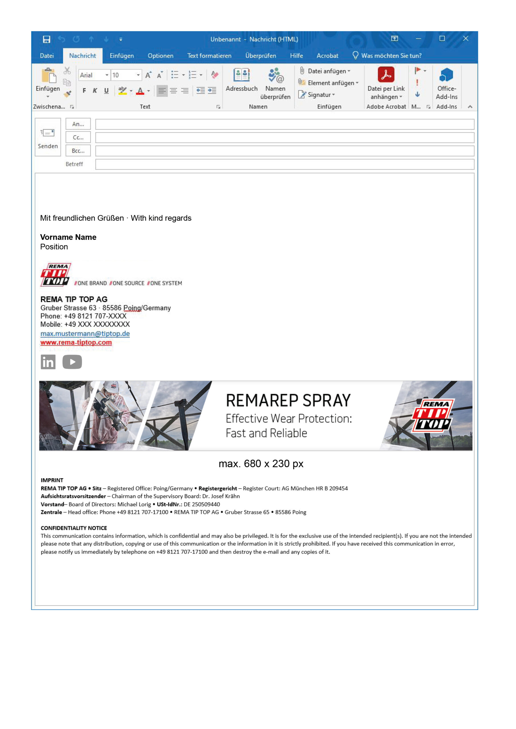 Screenshot einer E-Mail Signatur mit Produktinformationen