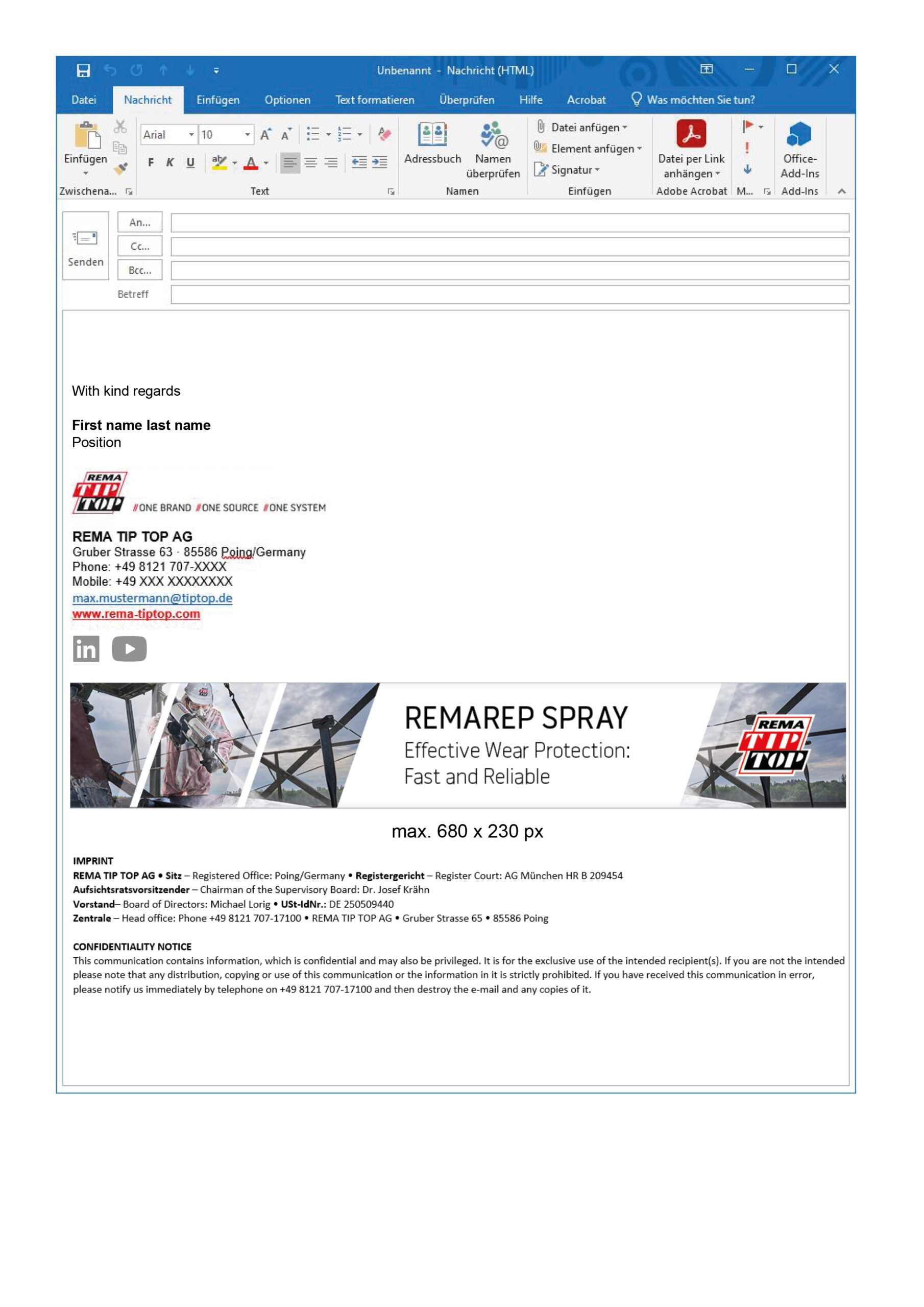 Screenshot einer E-Mail-Vorlage mit Kontaktinformationen