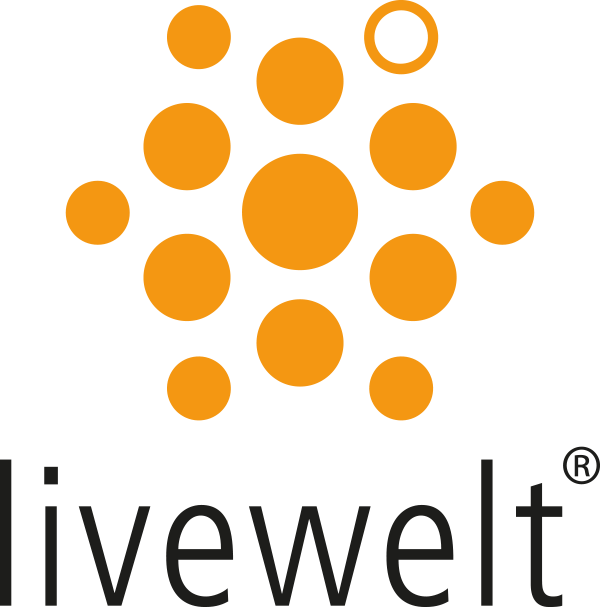 Logo von livewelt mit orangefarbenen Punkten