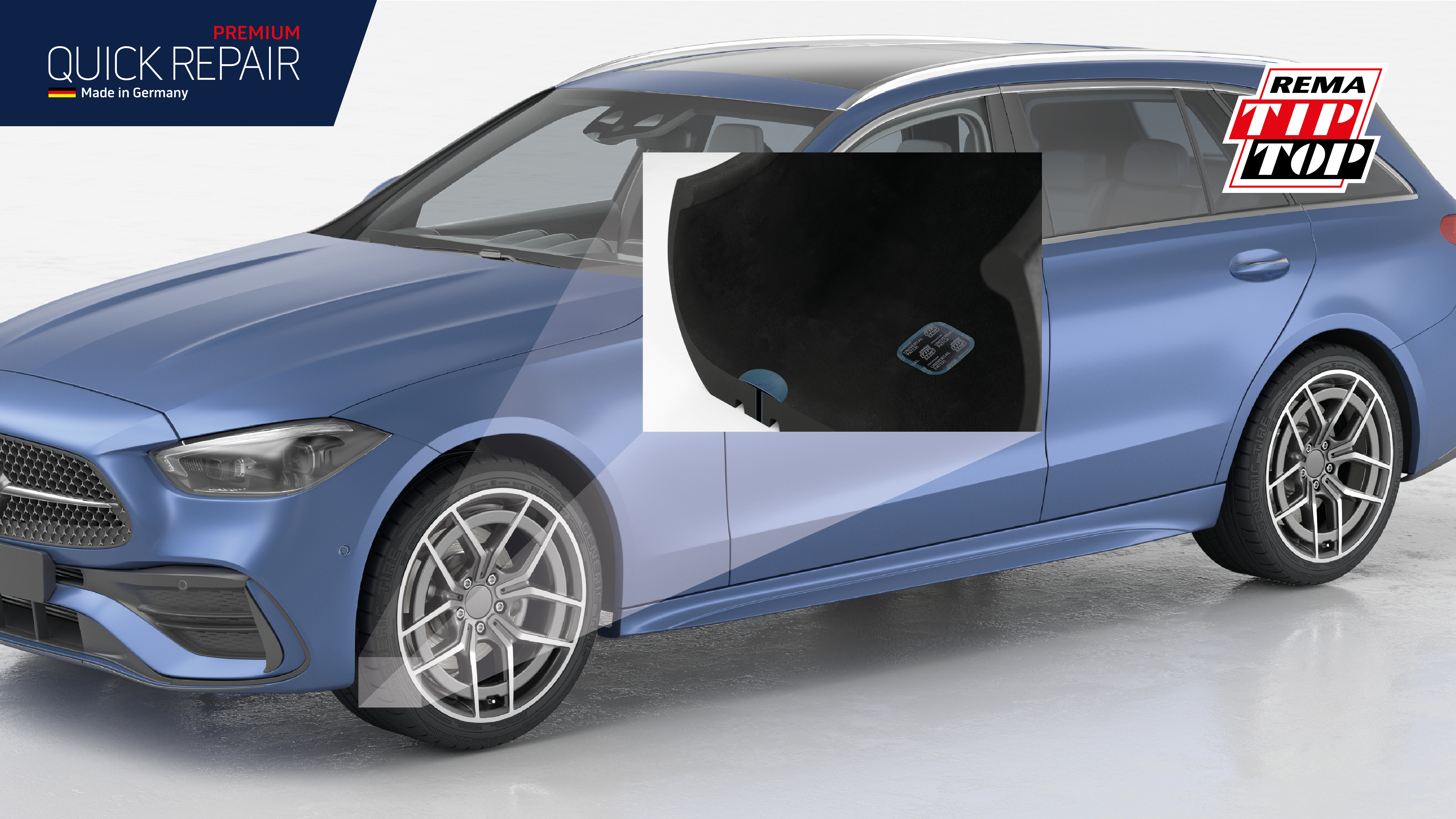 Bild eines blauen Fahrzeugs mit einer Nahaufnahme eines Autoteils.